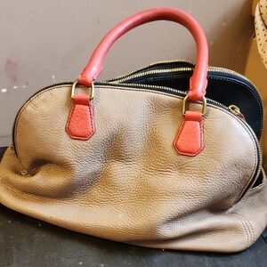 J. Crew Factory Tan and Red Satchel with Textured Leather Measures 15. X11